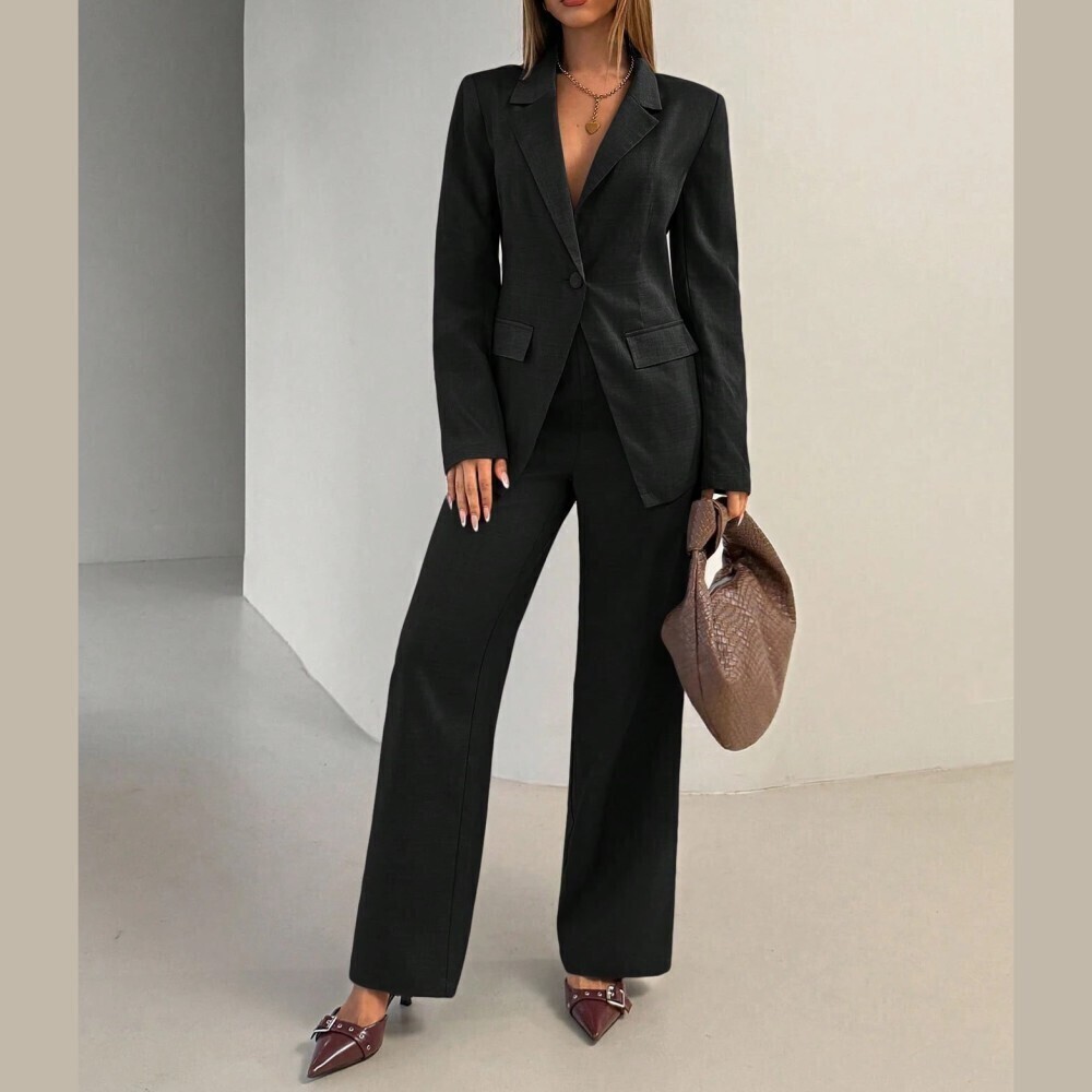 Black Notch Lapel Blazer and Wide Leg Trousers Suit Set